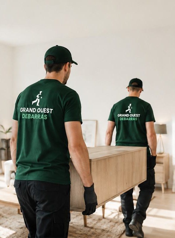 Deux déménageurs en tee-shirt Grand Ouest Débarras transportant un meuble
