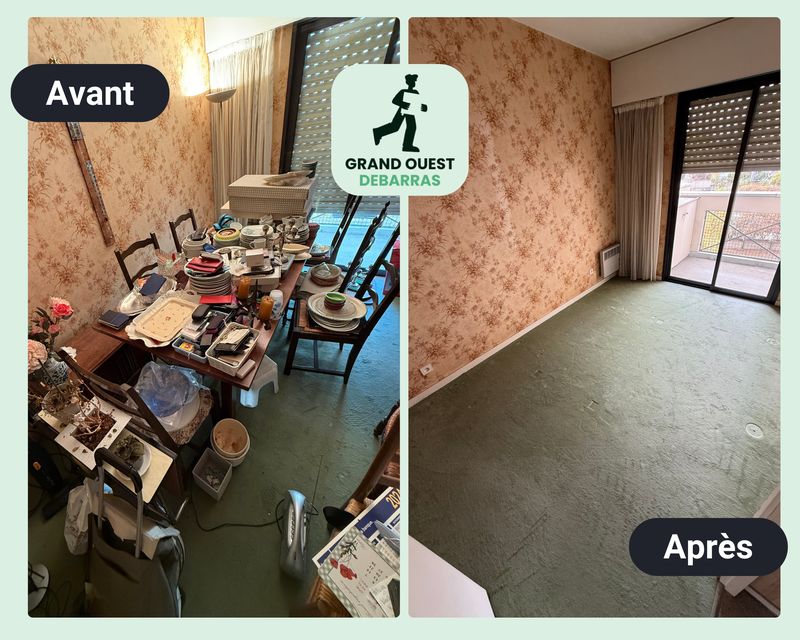 Séjour d’un appartement au 2e étage encombré de vaisselle et de meubles, avant et après débarras