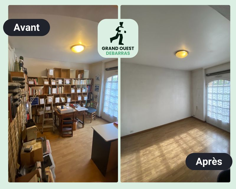 Bureau avec étagères de livres et de classeurs à Nantes, avant et après débarras
