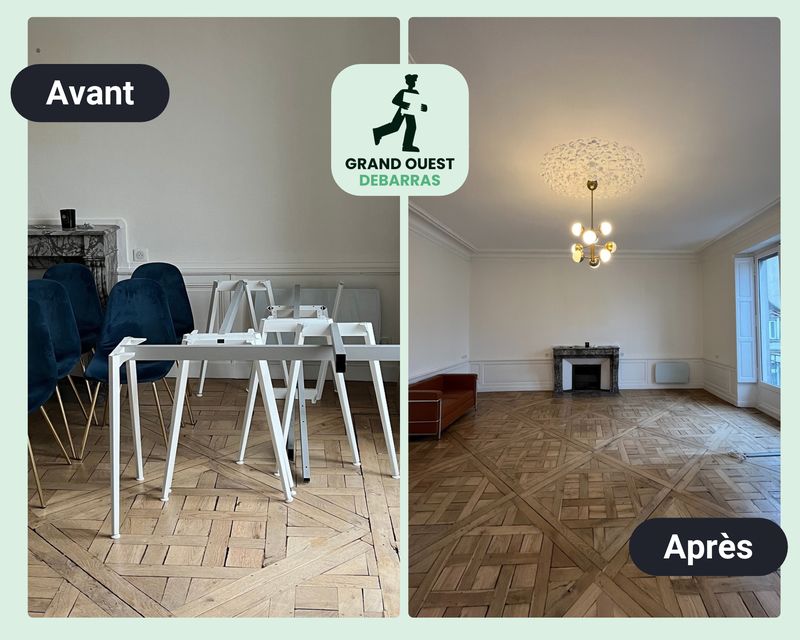Bureau professionnel avec tables et chaises, avant et après débarras