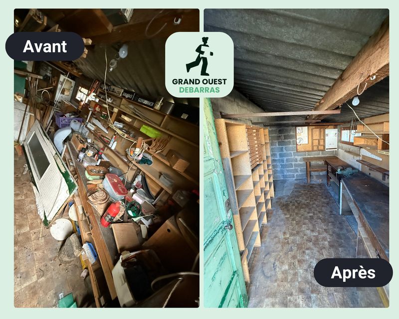 Cabanon de jardin encombré d’outils et d’objets, avant et après débarras
