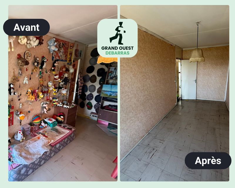 Chambre couverte de peluches et d’objets de collection, avant et après débarras