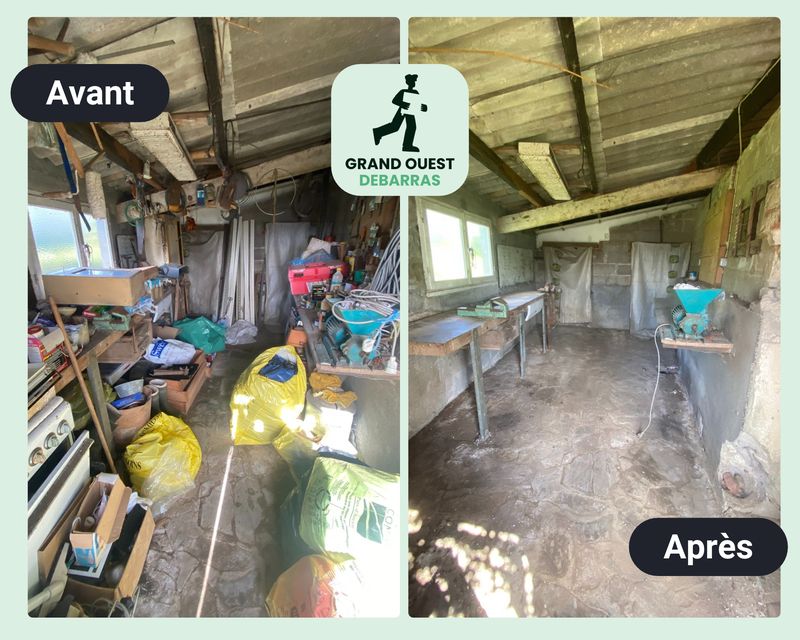 Garage-atelier encombré d’outils et d’objets, avant et après débarras