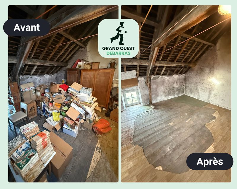 Grenier encombré de cartons et de meubles à Couëron, avant et après débarras