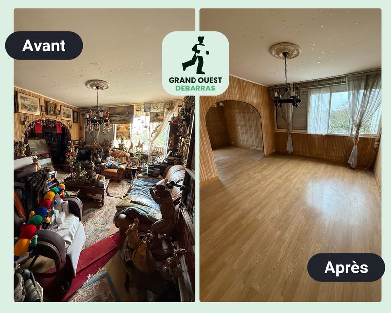 Séjour très encombré par une collection d’objets à Nantes, avant et après débarras