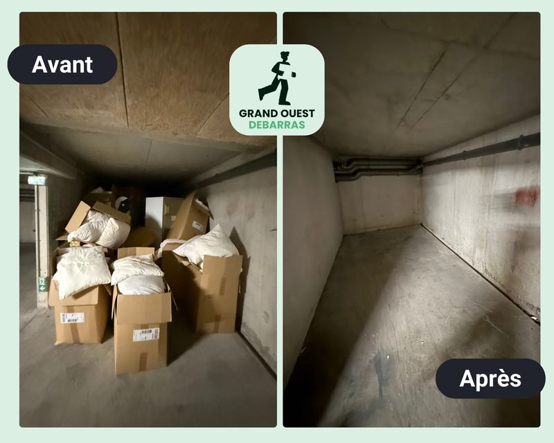 Cartons et sacs stockés dans un parking souterrain, avant et après enlèvement