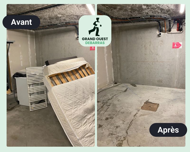 Matelas, sommier et encombrants dans un sous-sol à Saint-Herblain, avant et après enlèvement
